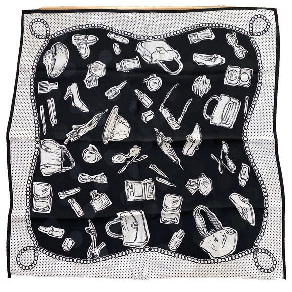 Vintage Talbots Black & White Silk Scarf Shopping Motif Neckerchief Monochrome - Picture 1 of 8